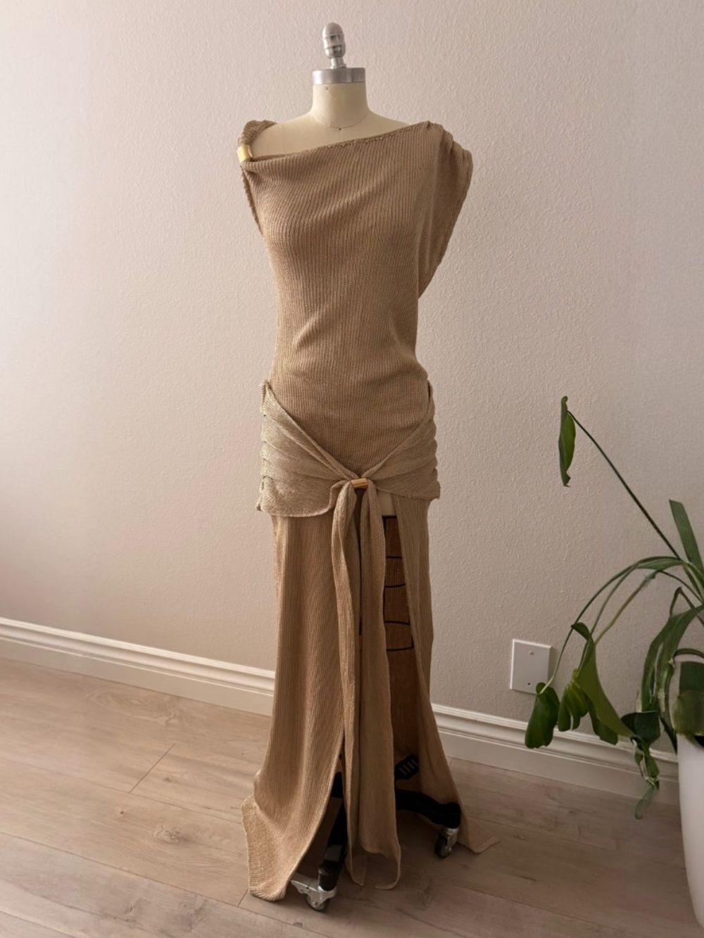 Minimalist Gold Knit Maxi Dress | One Shoulder, Draped Waist, Statement Hardware